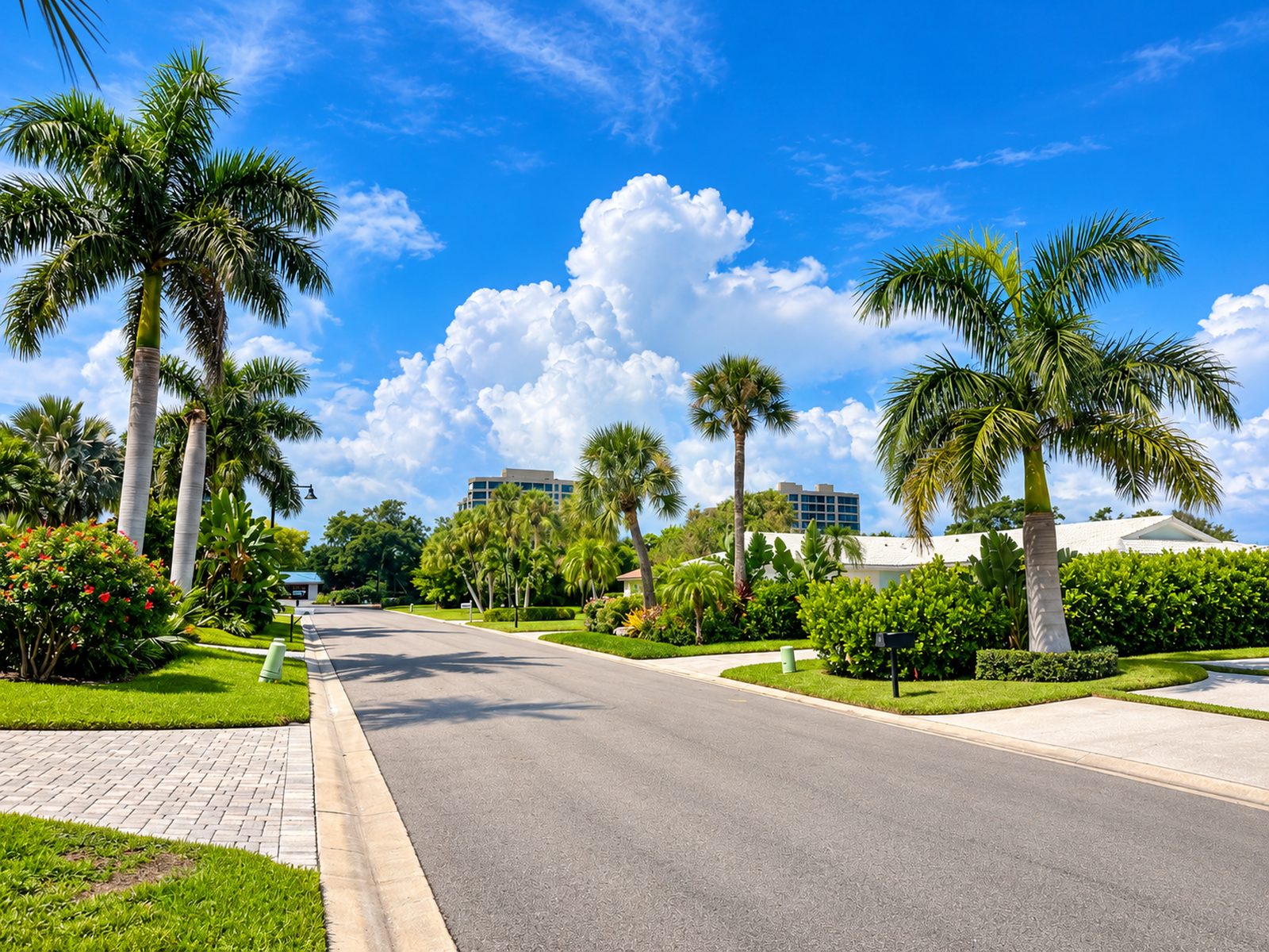 A quiet Country Club Shores street lined with royal palms and single-story homes